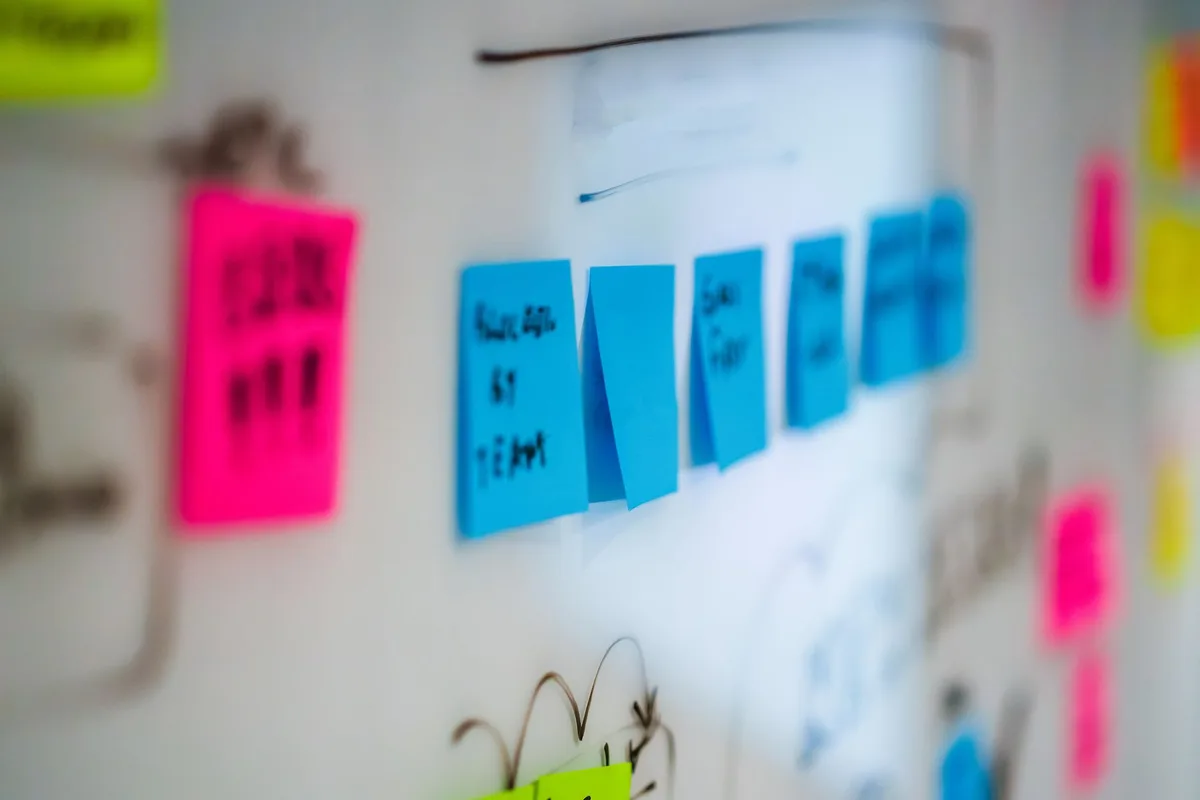 Sticky notes on a whiteboard, the kind of idea board an A/B test backlog starts as