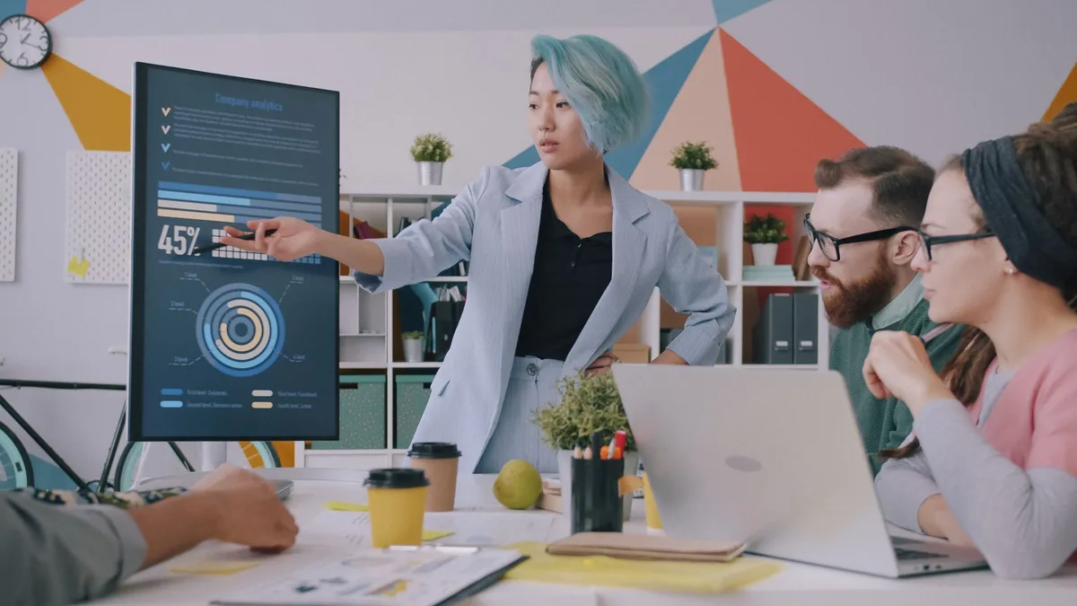 Marketing team reviewing analytics and performance data on a screen during a meeting